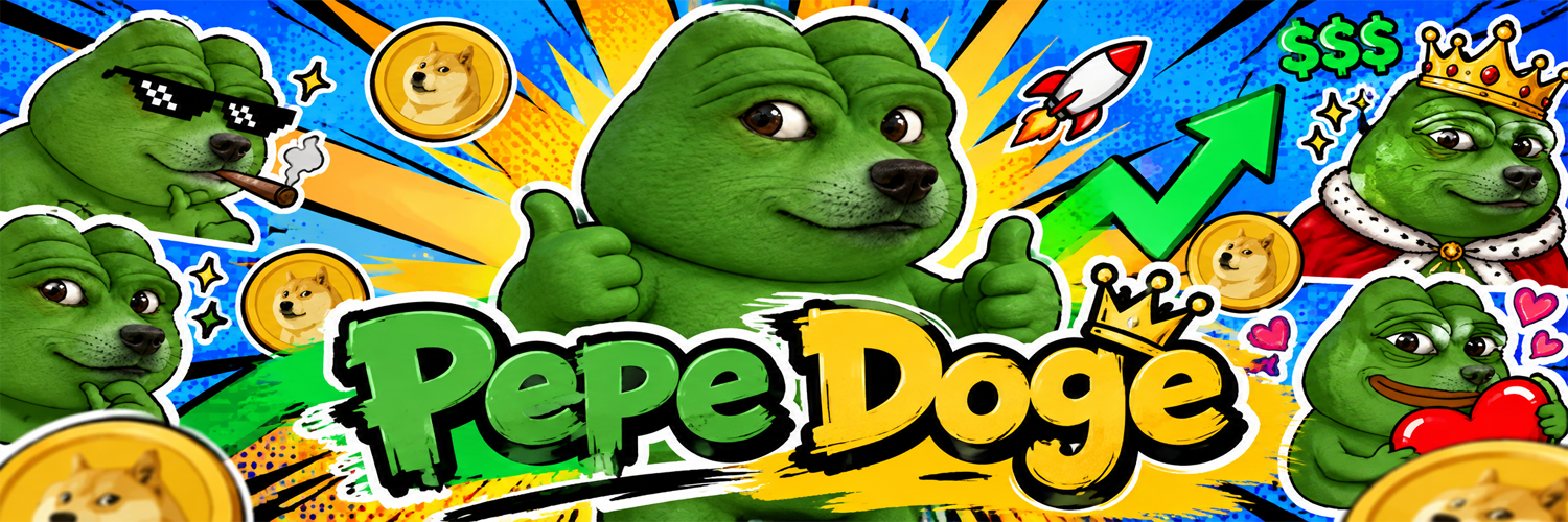 Pepe Doge collage with gold coins, a crown, and a rocket