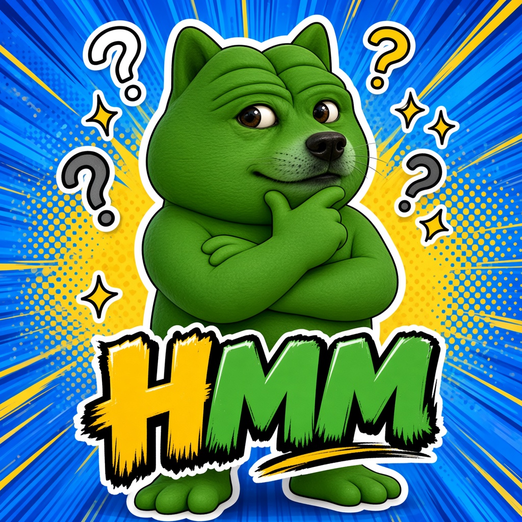 Pepe Doge thinking, surrounded by question marks. Hmm.