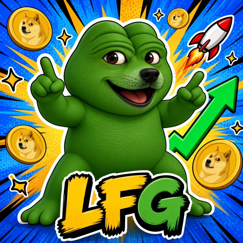 Pepe Doge pointing up beside a rocket. LFG.
