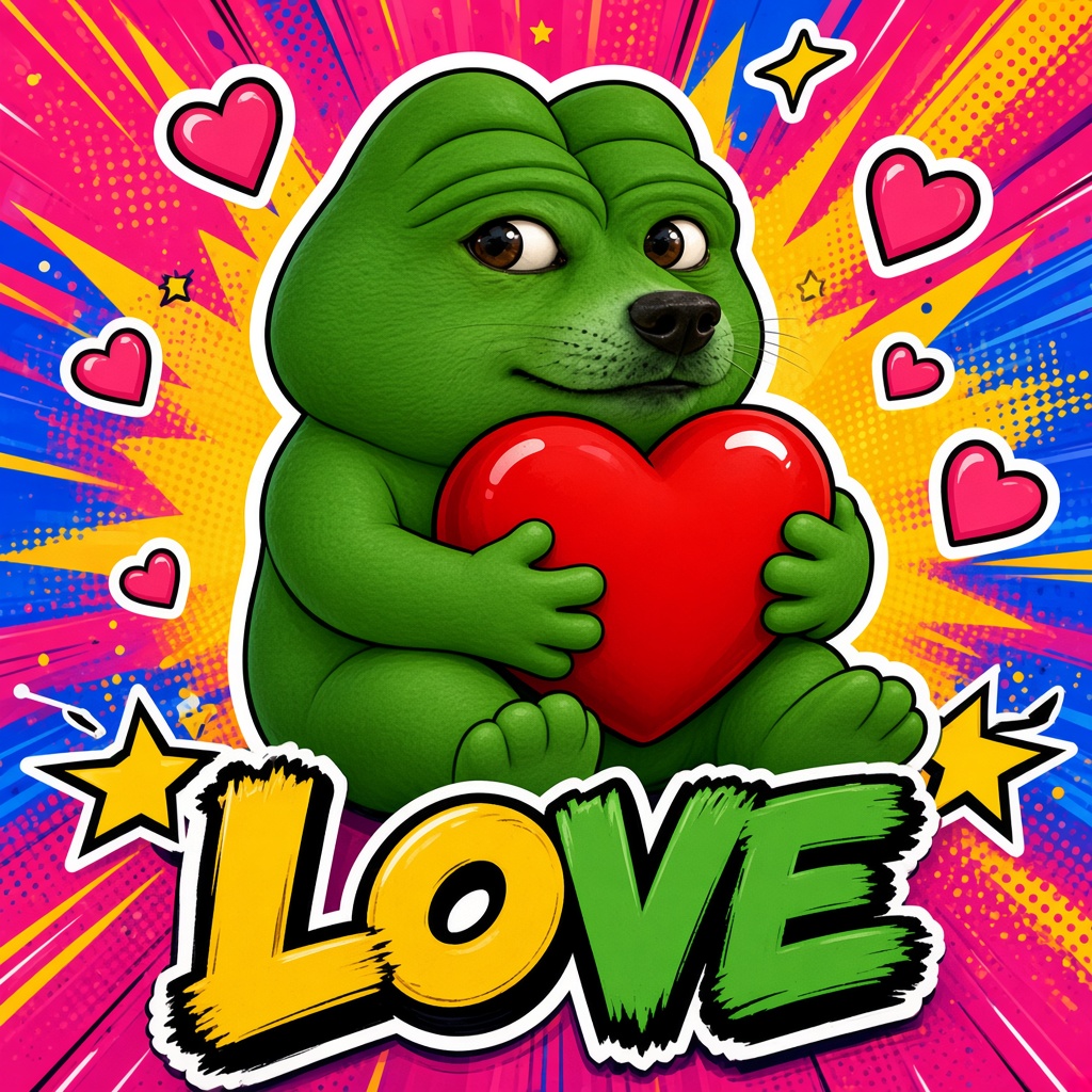 Pepe Doge hugging a red heart. Love.